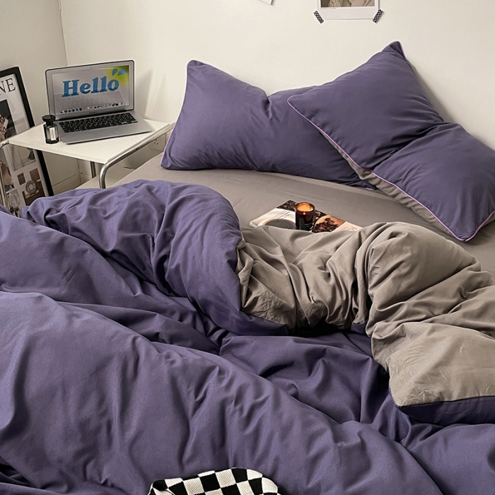 91家纺网 家纺一手货源 找家纺 蓝淋家纺 2023新款双拼水洗棉高级感亲肤四件套/三件套 烟熏紫