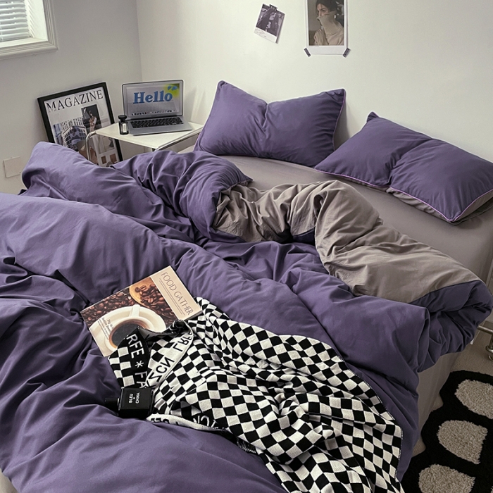 91家纺网 家纺一手货源 找家纺 蓝淋家纺 2023新款双拼水洗棉高级感亲肤四件套/三件套 烟熏紫