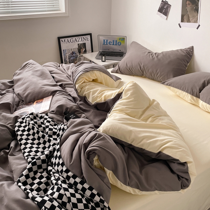 91家纺网 家纺一手货源 找家纺 蓝淋家纺 2023新款双拼水洗棉高级感亲肤四件套/三件套 银灰米