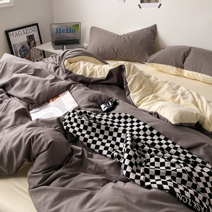 91家纺网 家纺一手货源 找家纺 蓝淋家纺 2023新款双拼水洗棉高级感亲肤四件套/三件套 银灰米