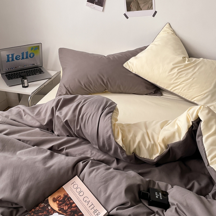 91家纺网 家纺一手货源 找家纺 蓝淋家纺 2023新款双拼水洗棉高级感亲肤四件套/三件套 银灰米