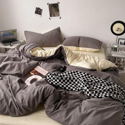 蓝淋家纺 2023新款双拼水洗棉高级感亲肤四件套/三件套 银灰米