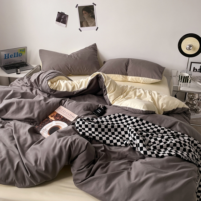 91家纺网 家纺一手货源 找家纺 蓝淋家纺 2023新款双拼水洗棉高级感亲肤四件套/三件套 银灰米