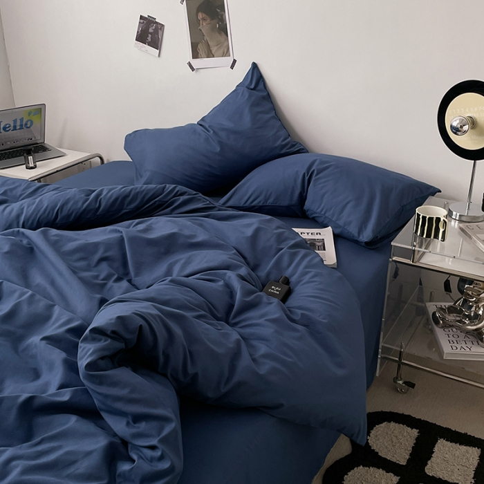 91家纺网 家纺一手货源 找家纺 蓝淋家纺 2023新款双拼水洗棉高级感亲肤四件套/三件套 蓝灰