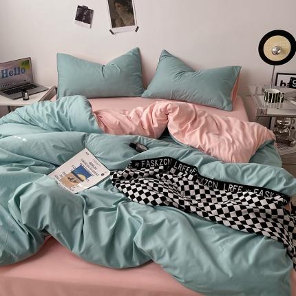 蓝淋家纺 2023新款双拼水洗棉高级感亲肤四件套/三件套 浅蓝公主粉