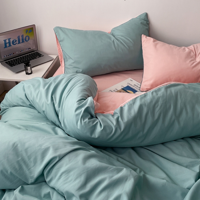 91家纺网 家纺一手货源 找家纺 蓝淋家纺 2023新款双拼水洗棉高级感亲肤四件套/三件套 浅蓝公主粉