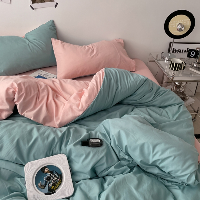 91家纺网 家纺一手货源 找家纺 蓝淋家纺 2023新款双拼水洗棉高级感亲肤四件套/三件套 浅蓝公主粉