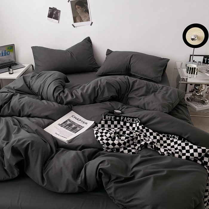 91家纺网 家纺一手货源 找家纺 蓝淋家纺 2023新款双拼水洗棉高级感亲肤四件套/三件套 深灰