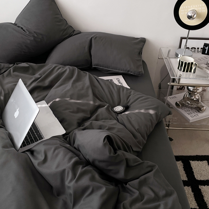 91家纺网 家纺一手货源 找家纺 蓝淋家纺 2023新款双拼水洗棉高级感亲肤四件套/三件套 深灰