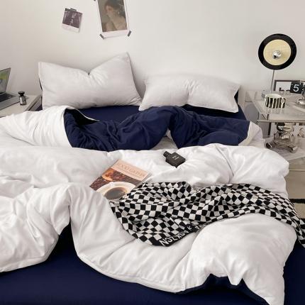 蓝淋家纺 2023新款双拼水洗棉高级感亲肤四件套/三件套 米白深蓝