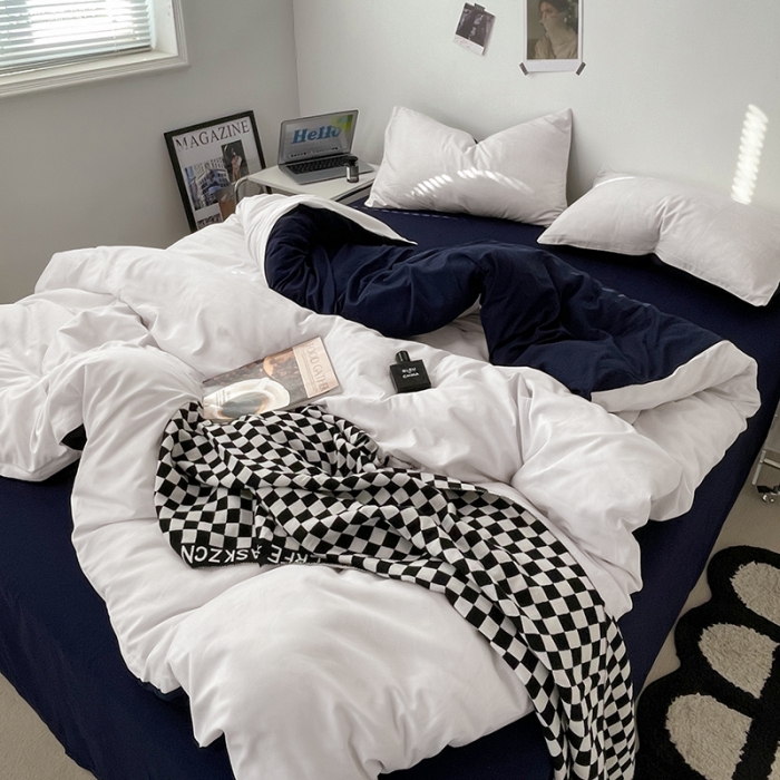 91家纺网 家纺一手货源 找家纺 蓝淋家纺 2023新款双拼水洗棉高级感亲肤四件套/三件套 米白深蓝