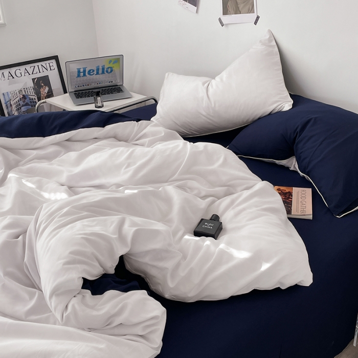 91家纺网 家纺一手货源 找家纺 蓝淋家纺 2023新款双拼水洗棉高级感亲肤四件套/三件套 米白深蓝