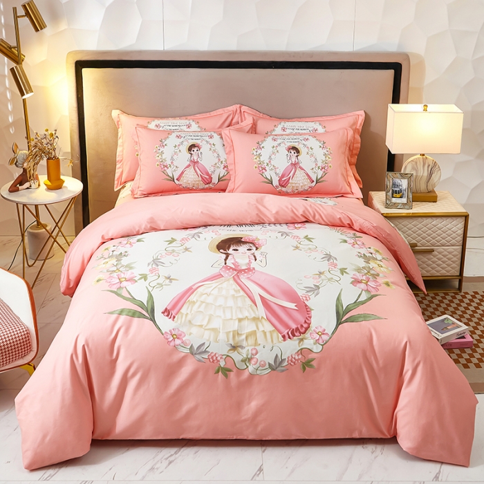 91家纺网 家纺一手货源 找家纺 雲归梦2023新款13372全棉活性大版印花简约居家四件套初夏少女-粉