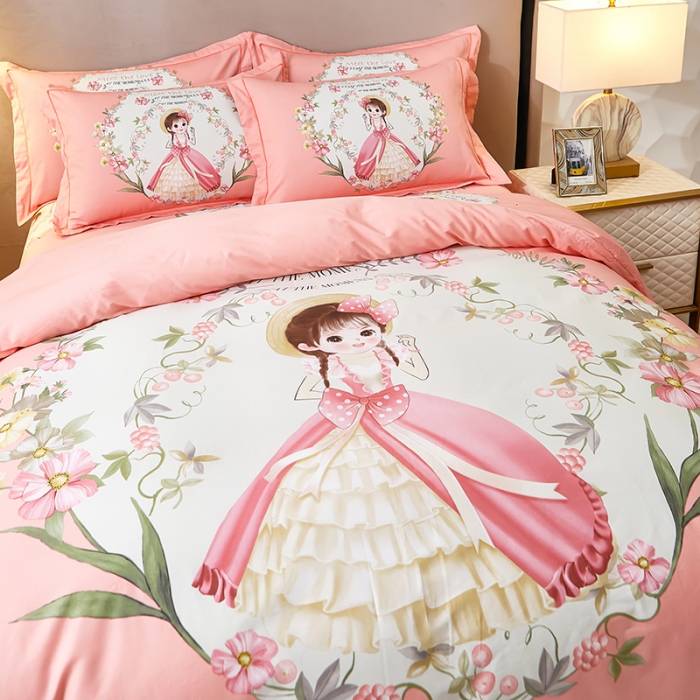 91家纺网 家纺一手货源 找家纺 雲归梦2023新款13372全棉活性大版印花简约居家四件套初夏少女-粉