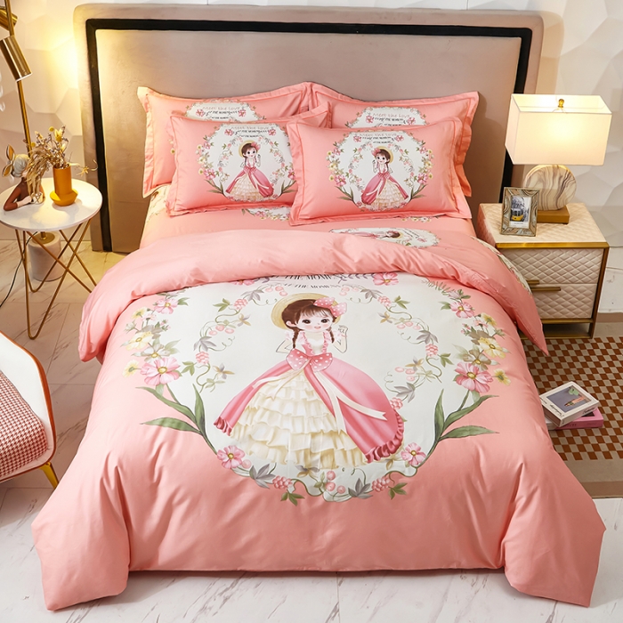 91家纺网 家纺一手货源 找家纺 雲归梦2023新款13372全棉活性大版印花简约居家四件套初夏少女-粉