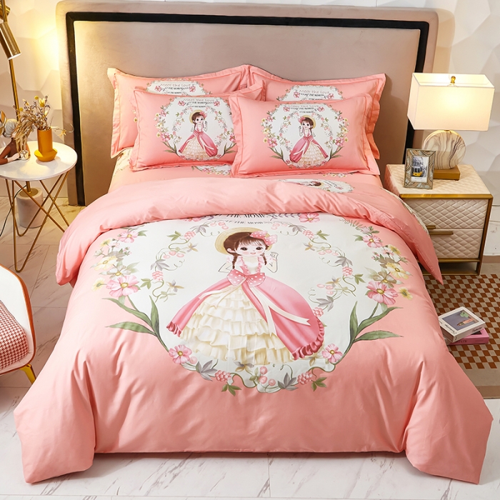 91家纺网 家纺一手货源 找家纺 雲归梦2023新款13372全棉活性大版印花简约居家四件套初夏少女-粉