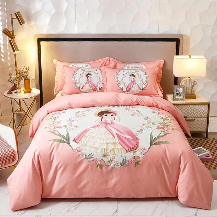 91家纺网 家纺一手货源 找家纺 雲归梦2023新款13372全棉活性大版印花简约居家四件套初夏少女-粉