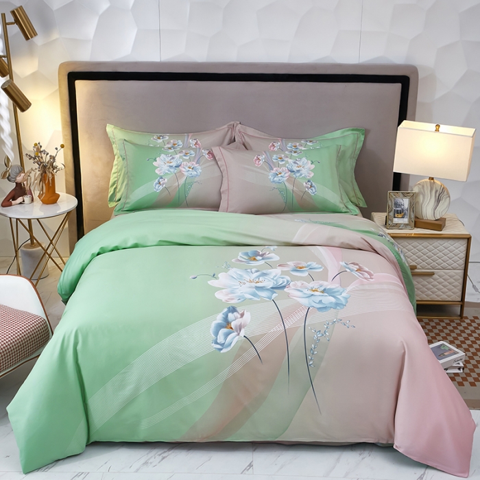 91家纺网 家纺一手货源 找家纺 雲归梦2023新13372全棉活性大版印花简约居家四件套流光韵影-绿粉