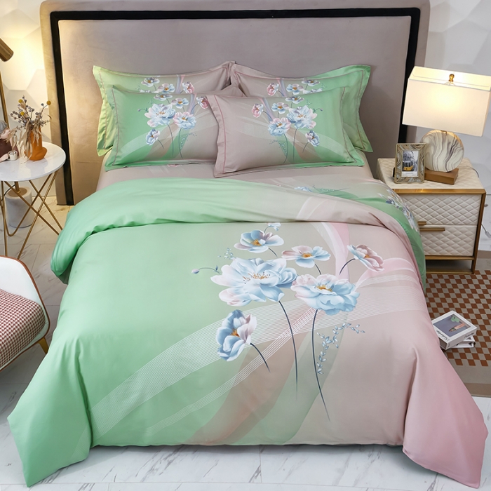 91家纺网 家纺一手货源 找家纺 雲归梦2023新13372全棉活性大版印花简约居家四件套流光韵影-绿粉