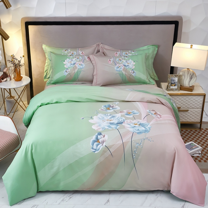 91家纺网 家纺一手货源 找家纺 雲归梦2023新13372全棉活性大版印花简约居家四件套流光韵影-绿粉