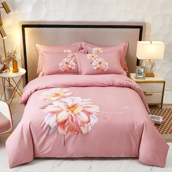 91家纺网 家纺一手货源 找家纺 雲归梦2023新款13372全棉活性大版印花简约居家四件套 年华-粉