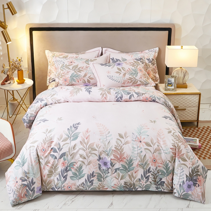 91家纺网 家纺一手货源 找家纺 雲归梦2023新款13372全棉活性大版印花简约居家四件套随园诗话-粉