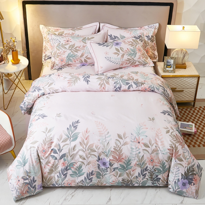 91家纺网 家纺一手货源 找家纺 雲归梦2023新款13372全棉活性大版印花简约居家四件套随园诗话-粉