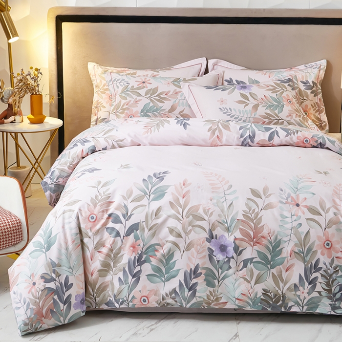 91家纺网 家纺一手货源 找家纺 雲归梦2023新款13372全棉活性大版印花简约居家四件套随园诗话-粉