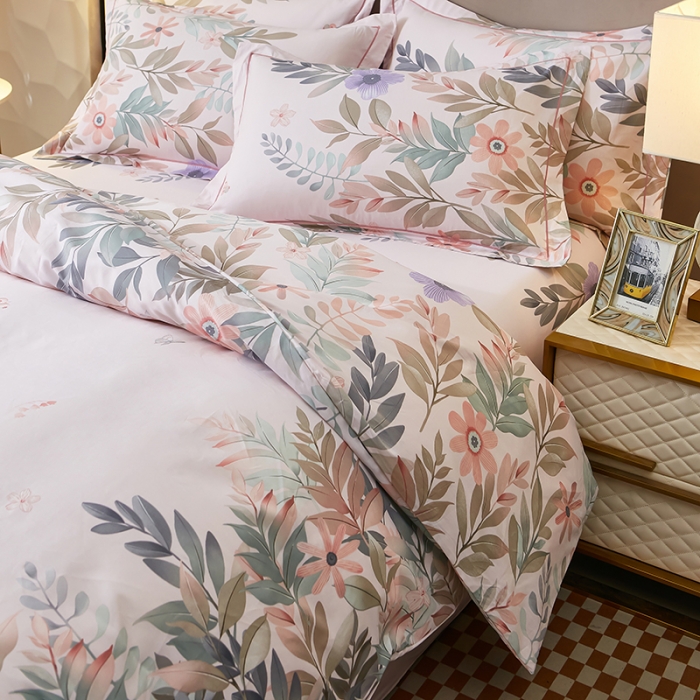 91家纺网 家纺一手货源 找家纺 雲归梦2023新款13372全棉活性大版印花简约居家四件套随园诗话-粉