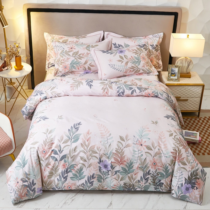 91家纺网 家纺一手货源 找家纺 雲归梦2023新款13372全棉活性大版印花简约居家四件套随园诗话-粉