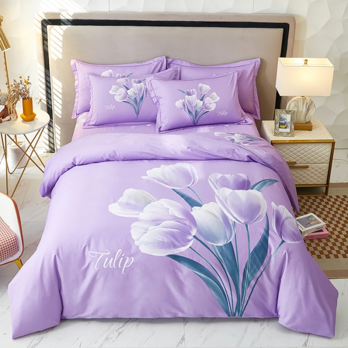 91家纺网 家纺一手货源 找家纺 雲归梦2023新款13372全棉活性大版印花简约居家四件套一路生花-紫