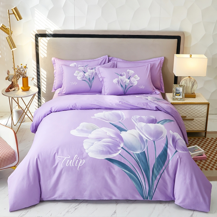 91家纺网 家纺一手货源 找家纺 雲归梦2023新款13372全棉活性大版印花简约居家四件套一路生花-紫