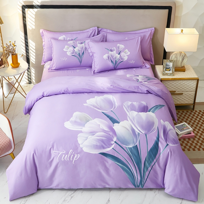 91家纺网 家纺一手货源 找家纺 雲归梦2023新款13372全棉活性大版印花简约居家四件套一路生花-紫