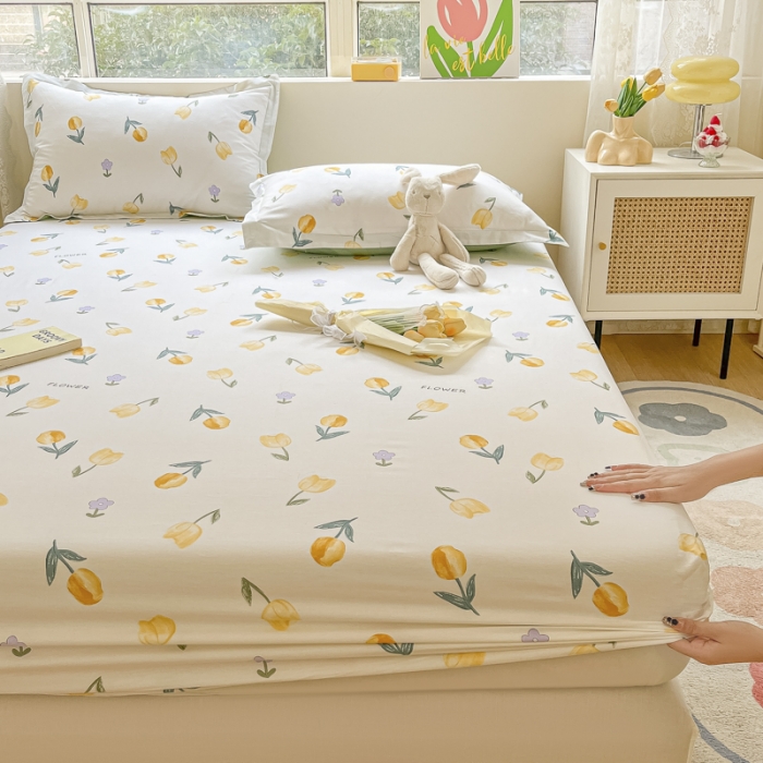 91家纺网 家纺一手货源 找家纺 菲梵 2025年新款喷气小清新全棉印花单品床笠及三件套郁金香