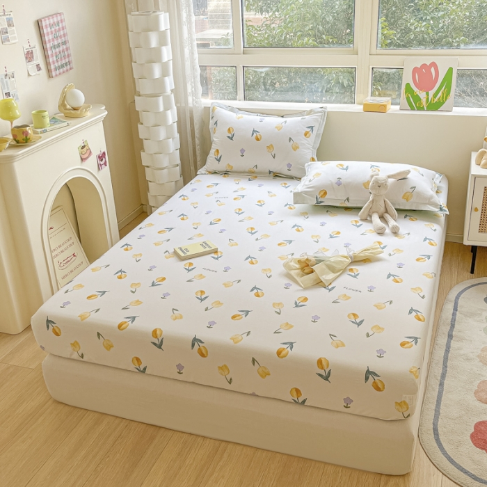 91家纺网 家纺一手货源 找家纺 菲梵 2025年新款喷气小清新全棉印花单品床笠及三件套郁金香