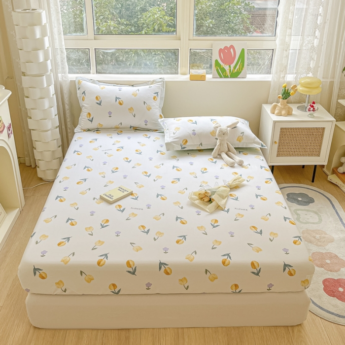 91家纺网 家纺一手货源 找家纺 菲梵 2025年新款喷气小清新全棉印花单品床笠及三件套郁金香