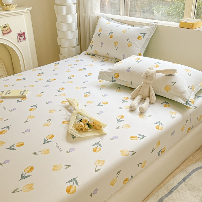 91家纺网 家纺一手货源 找家纺 菲梵 2025年新款喷气小清新全棉印花单品床笠及三件套郁金香