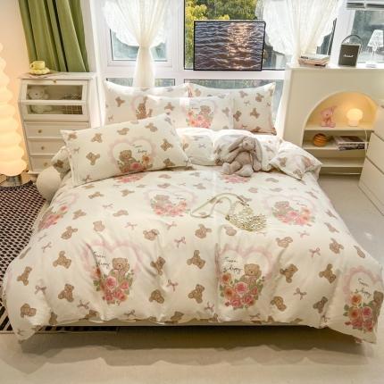 91家纺网 家纺一手货源 找家纺 HL原创 新款全棉小清新系列13070全棉40支四件套 玫瑰小熊