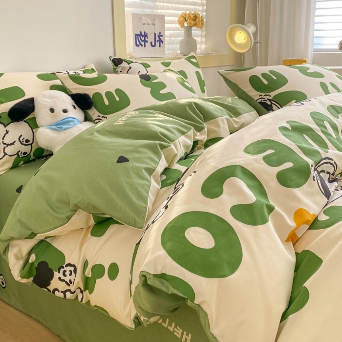 91家纺网 家纺一手货源 找家纺 金丝鸟家纺 2023新款舒适柔软双版全棉斜纹四季可用四件套 乐乐狗