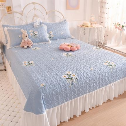 后庭寝室 2023韩式绗缝夹棉大花边床盖 小雏菊蓝