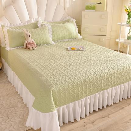 后庭寝室 2023韩式绗缝夹棉大花边床盖 小清新绿