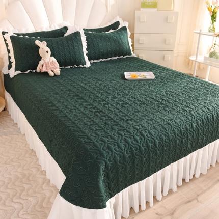 后庭寝室 2023韩式绗缝夹棉大花边床盖 小清新墨绿