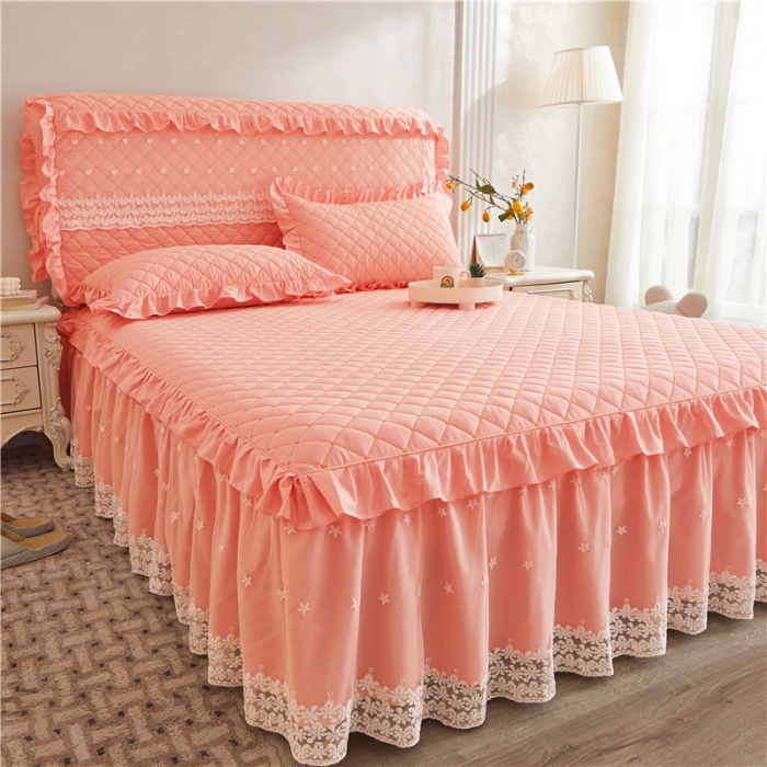 91家纺网 家纺一手货源 找家纺 十个点 2024新款全棉公主夹棉单床裙 粉色