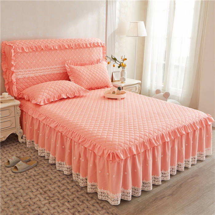 91家纺网 家纺一手货源 找家纺 十个点 2024新款全棉公主夹棉单床裙 粉色