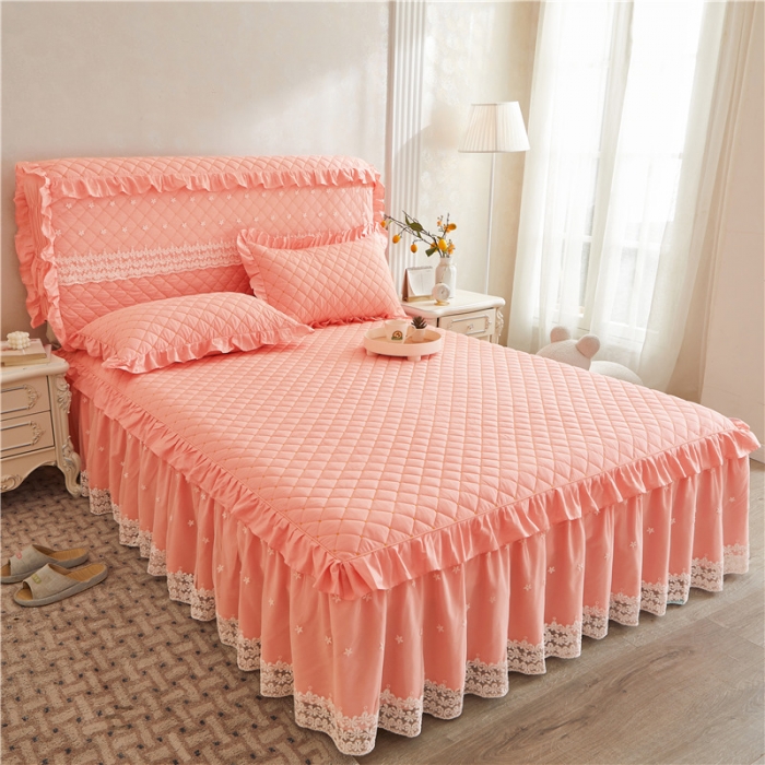 91家纺网 家纺一手货源 找家纺 十个点 2024新款全棉公主夹棉单床裙 粉色