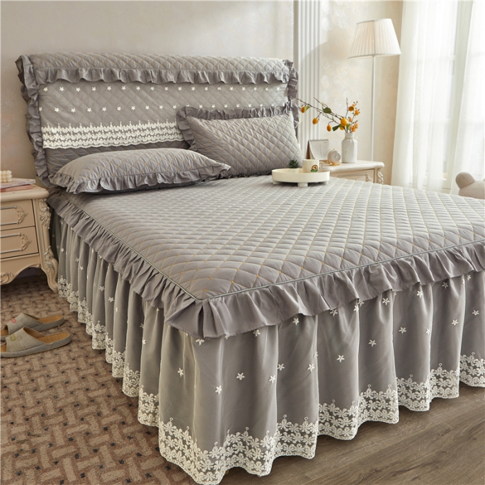 91家纺网 家纺一手货源 找家纺 十个点 2024新款全棉公主夹棉单床裙 灰色