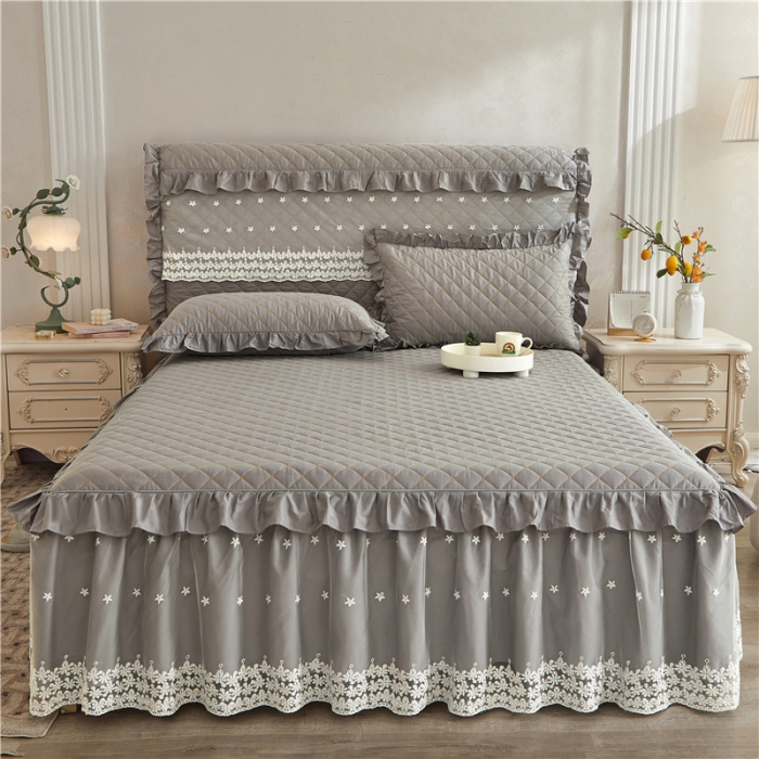 91家纺网 家纺一手货源 找家纺 十个点 2024新款全棉公主夹棉单床裙 灰色