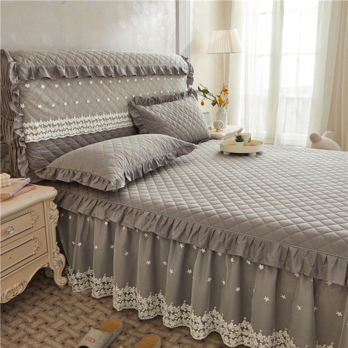 91家纺网 家纺一手货源 找家纺 十个点 2024新款全棉公主夹棉单床裙 灰色