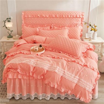 91家纺网 家纺一手货源 找家纺 十个点 2024新款全棉公主夹棉床裙四件套 粉色