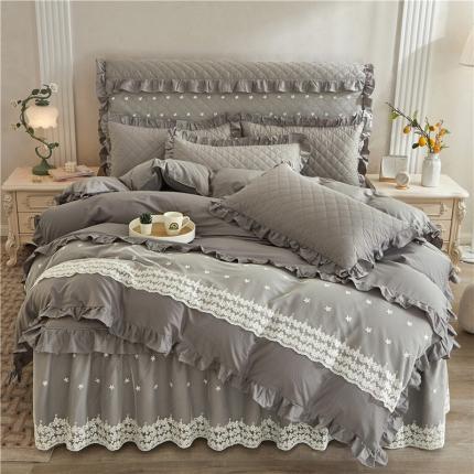 91家纺网 家纺一手货源 找家纺 十个点 2024新款全棉公主夹棉床裙四件套 灰色